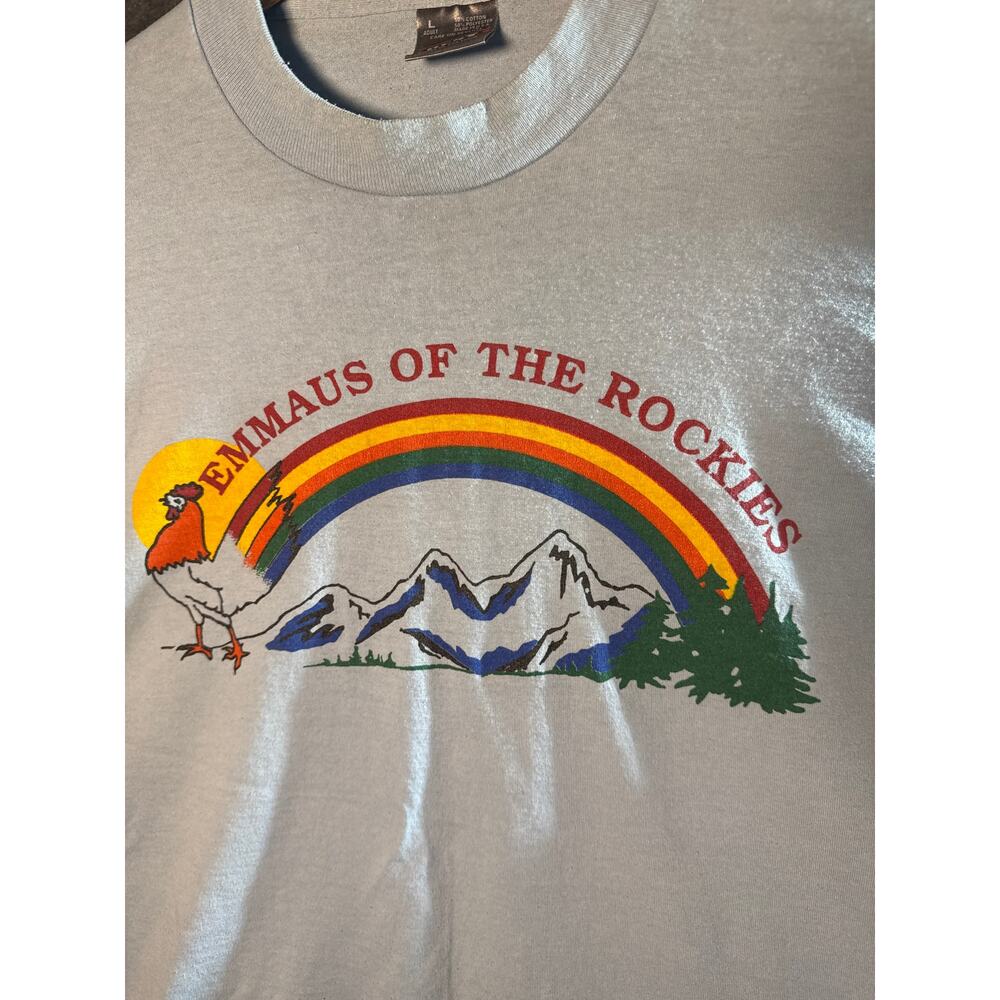 VTG 80s “Emmaus of the Rockies” Single Stitch Rainbow T Shirt Large Blue Unicorn - Picture 4 of 7